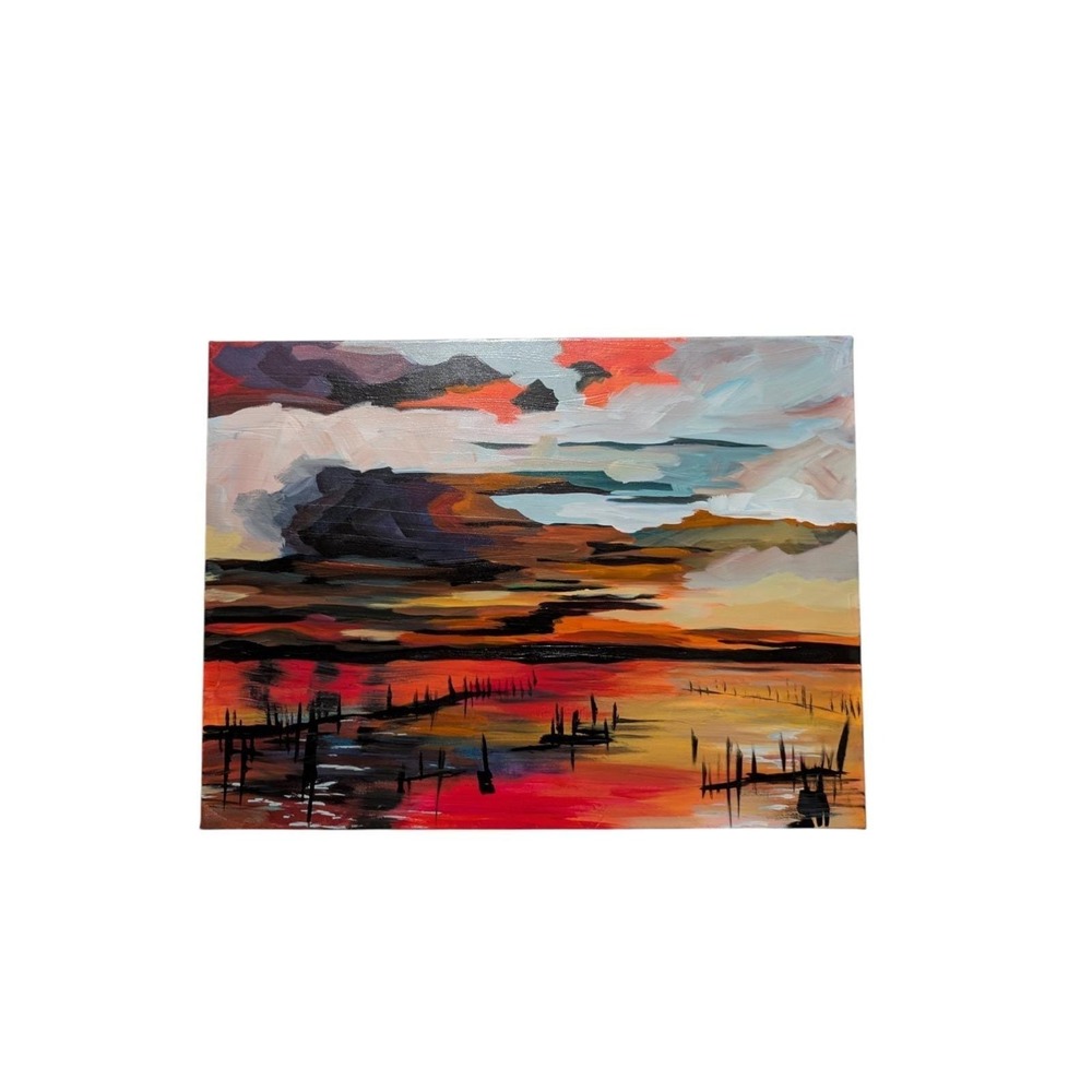 Original Abstract Sunset Marsh Landscape Painting Acrylic Canvas 18x24 Unsigned